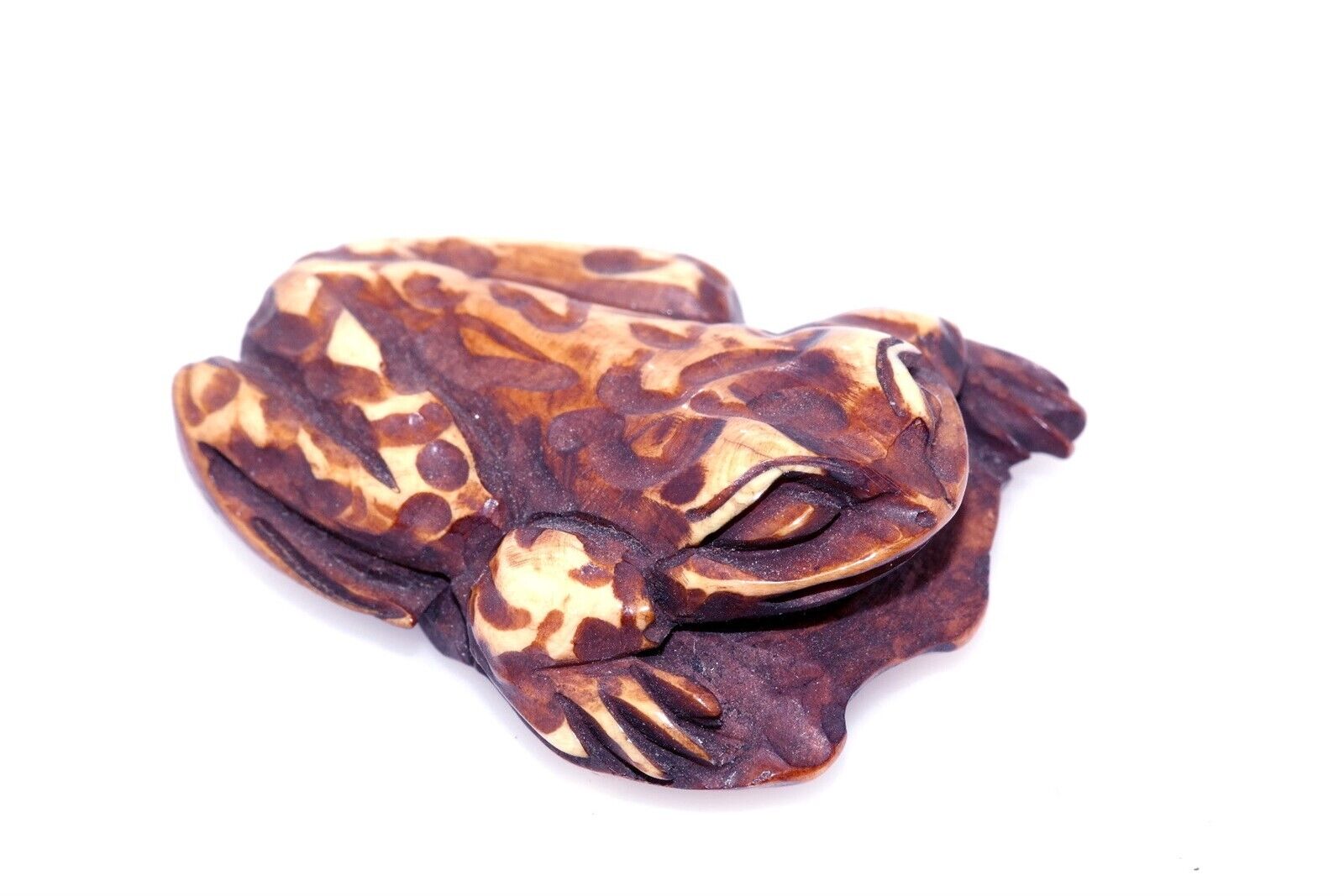 Japanese Hand Carved Wood Nut Frog Netsuke Figure